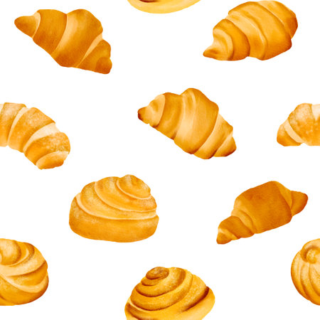Seamless pattern crispy, fragrant croissants with a tanned crust. The perfect French breakfast and snack at work. Good for a tea party. Isolated hand drawn digital watercolor backgroundの写真素材