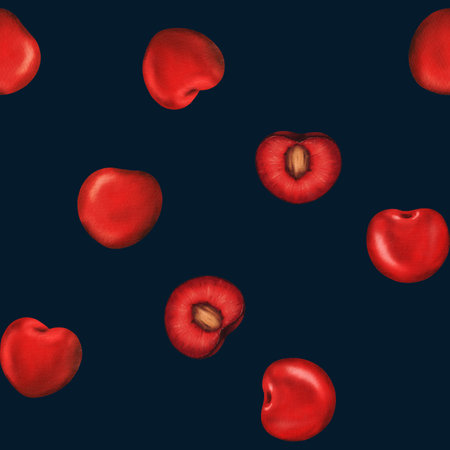 Bright, succulent cherries adorn this seamless watercolor pattern. Perfect for kitchen decor,...