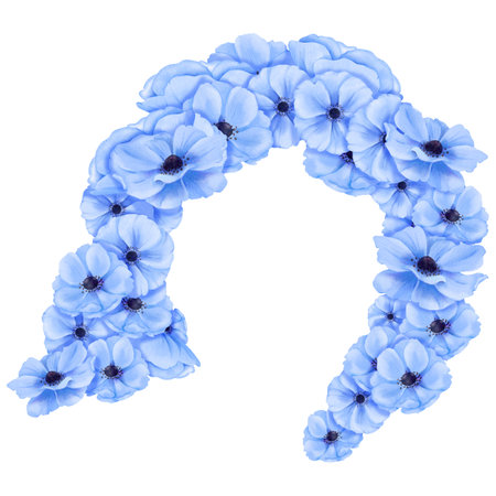 A female hairstyle adorned with blue watercolor anemones. design is for use in beauty salons, fashion magazines, hair care products, and promotional materials targeting womens styling and fashionの写真素材