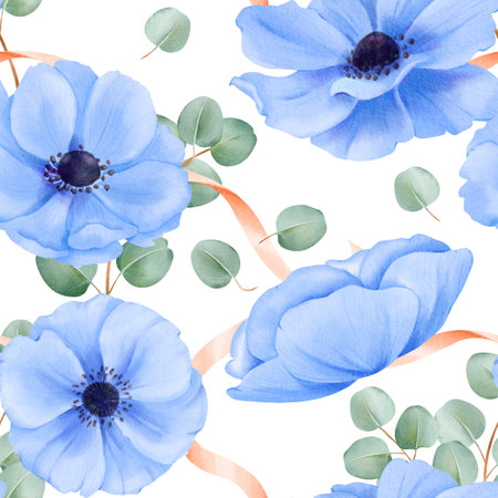 A seamless pattern featuring watercolor floral elements. blue anemones, satin ribbons, and delicate eucalyptus leaves. for fabric prints, digital wallpapers, stationery designs and decorative artの写真素材