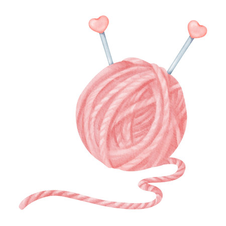 An isolated watercolor illustration featuring a pink yarn spool. Embedded in the spool are knitting needles, adorned with plastic pink hearts. Comprised of wool and cotton strandsの写真素材