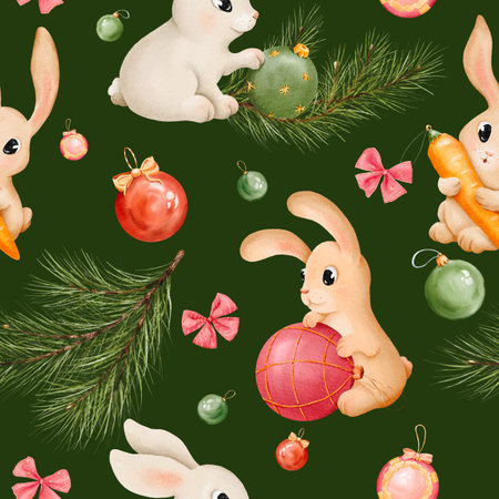 Seamless pattern. Bunny and rabbit with Christmas toys watercolor set. Hand drawn animals in different color. hare illustration element. Cute characters for Christmas, New Year.Green backgroundの写真素材