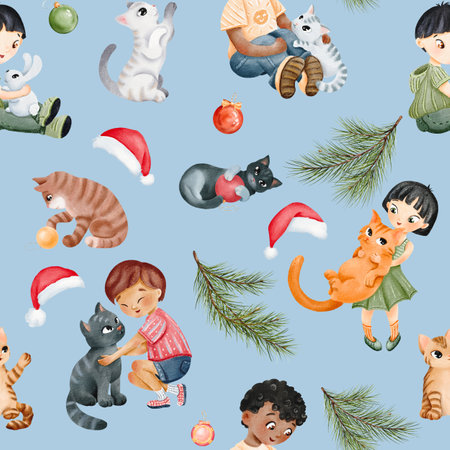 seamless pattern. Pine branch. boy is sitting with his pet. Asian Girl holds her red cat in arms. Friendship. funny kitties playing with Christmas balls. Blue background New Year. for textile, wrapの写真素材