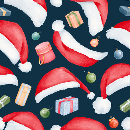 Seamless pattern. Presents. Santa Claus hat. Dark background. Christmas red hat in new year holiday cartoon design. for greeting card, postcards party invitations, posters, greetings, websitesの写真素材
