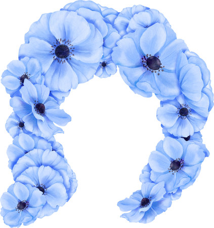 A stunning hairstyle adorned with intricate blue watercolor anemones, ideal for images targeting fashion, beauty, bridal, and floral-themed contentの写真素材