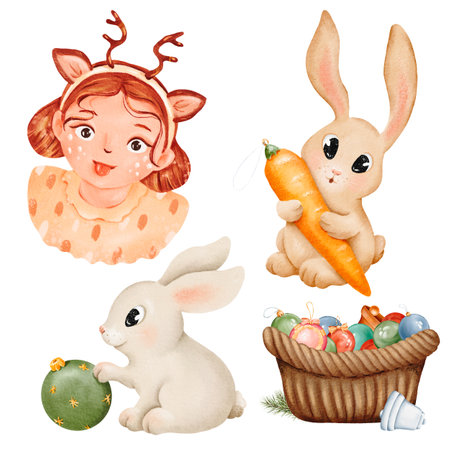 Watercolor cartoon set with Woman portrait. Christmas timeの写真素材