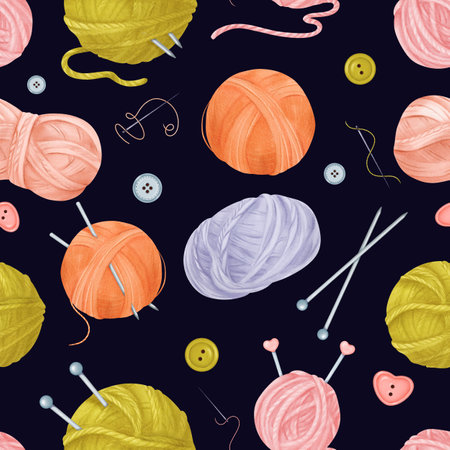 A seamless crafting-themed pattern featuring yarn skeins, colorful buttons, sewing needles with threads, and knitting needles against a dark background. watercolor illustration for textile designsの写真素材