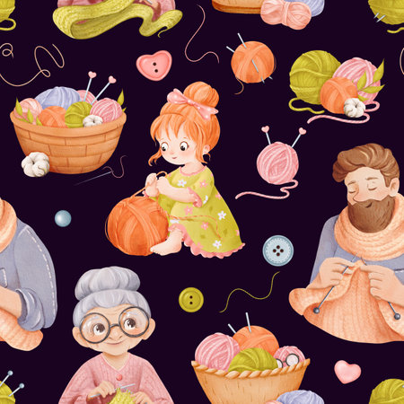A seamless knitting-themed pattern featuring characters engaged in needlework. A grandmother in glasses and a hipster man are knitting scarves, while a girl plays with a ball of yarn. watercolorの写真素材