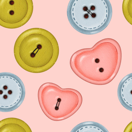 Seamless pattern of buttons in various colors on a light pink background. Buttons of different shapes and shades create a unique design. for decorative projects, cards, gift wrapping, and fabric itemsの写真素材