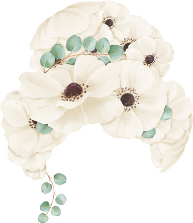 A womans hairstyle adorned with delicate ivory watercolor anemones, suitable for images catering to bridal, beauty, fashion, and botanical themesの写真素材