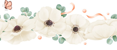 A seamless border delicate white anemones, eucalyptus leaves, adorned with ribbons, rhinestones and butterflies. watercolor illustration for wedding invitations, greeting cards or design projectsの写真素材