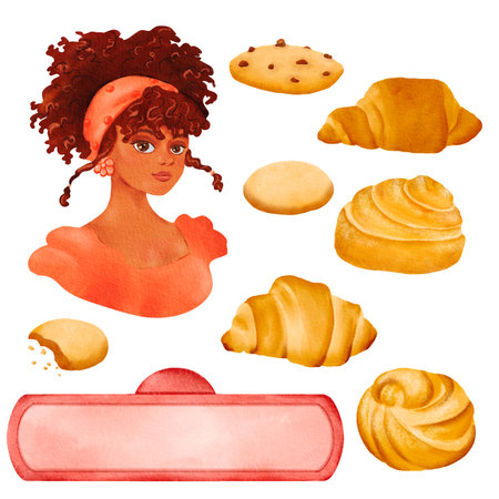 Watercolor cartoon set with Woman portrait. Croissantsの写真素材