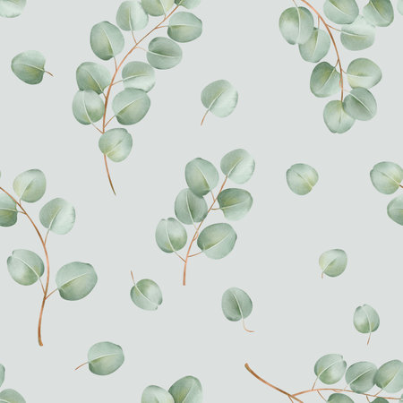 Seamless pattern featuring delicate watercolor eucalyptus branches on a light green backdrop. for wallpaper, fabric design, stationery, packaging. adding a touch of natural beauty and serenityの写真素材