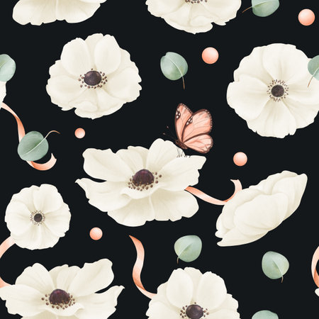 Seamless pattern featuring white watercolor anemones, eucalyptus leaves, satin ribbons, and rhinestones. textile, web design, print materials greeting cards wallpapers gift packaging accessoriesの写真素材