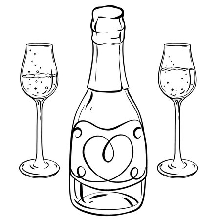 a black and white drawing of a bottle of champagne and two wine glassesのイラスト素材