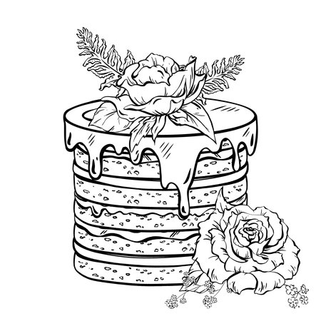 A monochrome illustration of a floraltopped cake in line art styleのイラスト素材