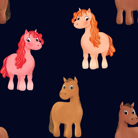 Seamless pattern of cute watercolor pony. Little horse. Funny animal for kid. Design for baby shirt design, nursery decor, card making, party invitations, logos, greeting cards, Dark backgroundの写真素材