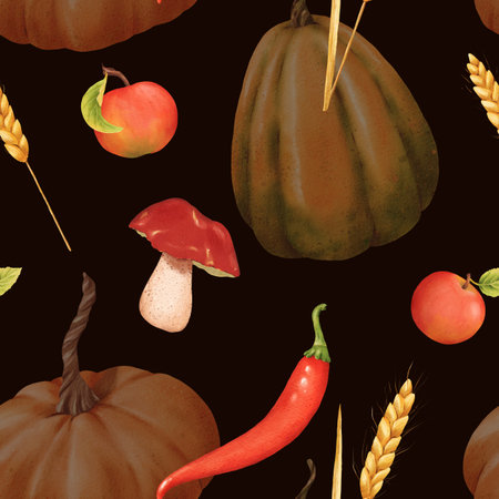 Seamless pattern of Pumpkins, apples, mushroom, chili and spikelets. Watercolor illustration. Autumn harvest. Dark background. Vegetarian raw food. For posters, websites, notebooks, textbooksの写真素材