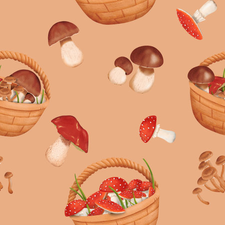 Woodland seamless pattern. harvest of various mushrooms. Baskets filled with forest treasures. Edible penny bun and porcini mushrooms. Dangerous and poisonous fly agaric. Beige background watercolorの写真素材