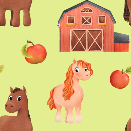 Seamless pattern of cute watercolor pony, farm house, barn, apple. Little horse. Funny animal for kid. Design for baby shirt design, nursery decor, card making, party invitations, Green backgroundの写真素材