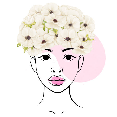 A linear portrait of a beautiful young African American woman. Her hair with white anemone flowers and butterfly, symbolizing elegance and delicacy. for avatars. diversityの写真素材