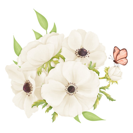 A watercolor floral composition of white anemones and fresh greenery, with a butterfly. for enhancing wedding stationery, event invitations, botanical prints, art projects and decorative craftsの写真素材