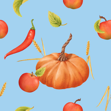Seamless pattern of Pumpkins, apples, leaves, chili and spikelets. Watercolor illustration. Autumn harvest. Delicious ripe vegetable. Vegetarian raw food. Blue background. For notebooks, textbooks.の写真素材