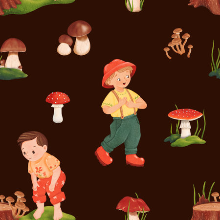 Seamless woodland pattern with little mushroom pickers. Forest glade. Dark background. Edible penny bun and delicious porcini. Dangerous and poisonous fly agaric. Autumnal watercolorの写真素材