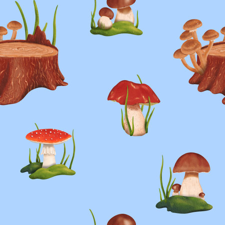 Seamless woodland pattern. Forest glade. a mushroom pickers dream. Edible penny bun and porcini mushrooms. Dangerous and poisonous fly agaric. Autumnal watercolor illustration Blue backgroundの写真素材