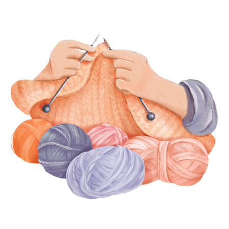 A watercolor composition of knitting, with two hands skillfully crafting fabric. colorful wool yarn...