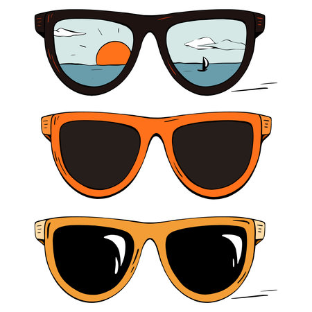 Colorful and Stylish Sunglasses Displaying Beautiful Beach Reflections. Sea and sun. Vector sketch illustration. Tourismのイラスト素材