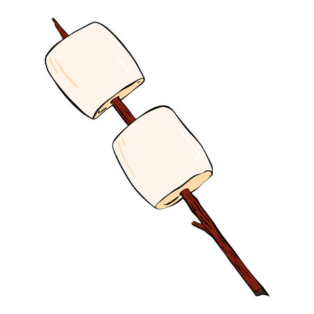 Toasting marshmallows on a stick is a cherished tradition during summer gatherings and campfires. Vector sketch illustration. Foodのイラスト素材