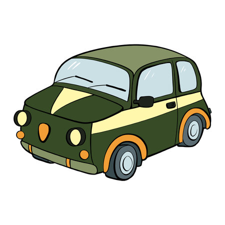 A Fashionably Designed Cartoon Compact Car That Features a Distinctive Green and Yellow Color Scheme. Vector. tourismのイラスト素材