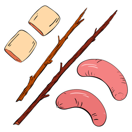 Explore fun outdoor cooking ingredients for campfire meals to enjoy with family and friends. Vector illustration. Tourismのイラスト素材