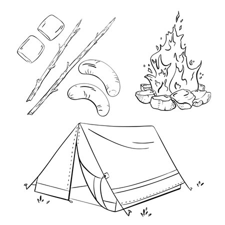 Camping Essentials for Your Adventure Fire, Tent, Food, and More for Enjoyable Experiences. Vector sketch illustration. Tourismのイラスト素材