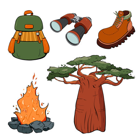 Essentials for Outdoor Adventure, Exploring Nature, and Enjoying the Great Outdoors Gear. Vector illustration. Tourismのイラスト素材