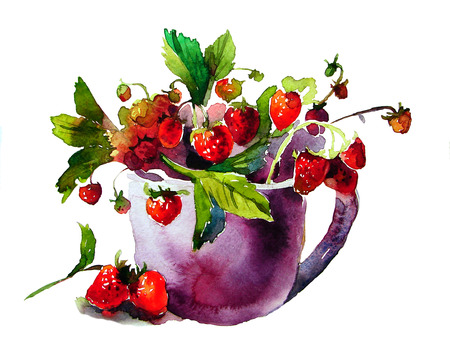 ripe strawberries in a purple mugの写真素材