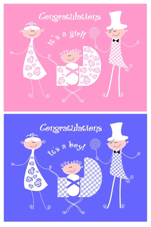A Vector image congratulation on the birth of a girl or boy on a blue and pink backgroundのイラスト素材