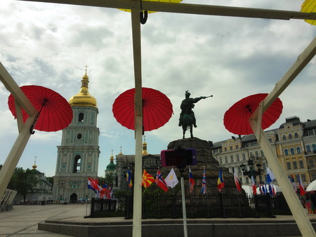 Alley of colorful umbrellas on the squareのeditorial素材