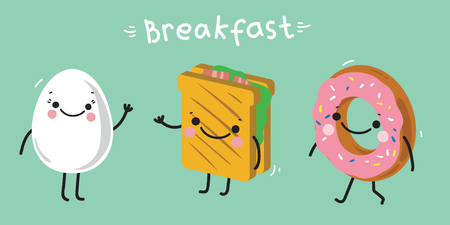 funny breakfast character with egg toast and donutのイラスト素材