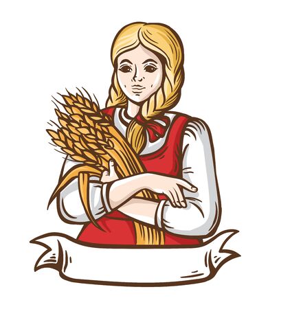 Girl farmer with the wheat. Character is the beautiful blonde. House brend. Bakery shopのイラスト素材