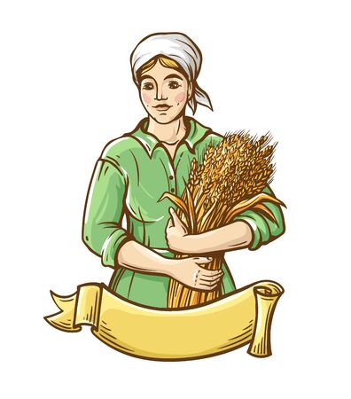 A woman in a dress holds a sheaf of fresh wheat. Hand draw. Farm theme. Color illustration.のイラスト素材
