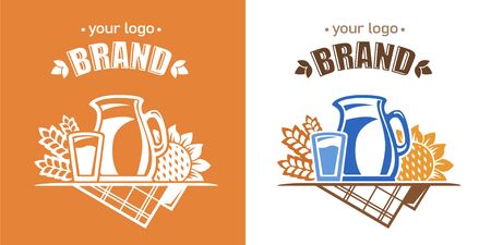 Pitcher and glass of milk with wheat and sunflower. For your brand. Isolated background. Vector graphics.のイラスト素材