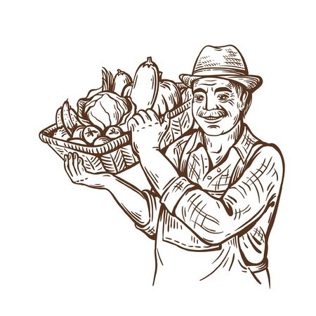 Farm man with basket of vegetables in hat. Rural portrait. Harvesting. ecological product store. Natural vegetables.のイラスト素材