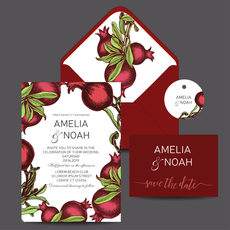 Vector iilustration Banner for Eco store. Colorful pomegranate card.のイラスト素材