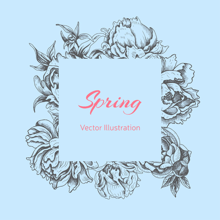 Vector illustration sketch - card with flowers chrysanthemum, peony. Wedding invitation with flower. Dahlias, Ruscus, Viburnum.のイラスト素材