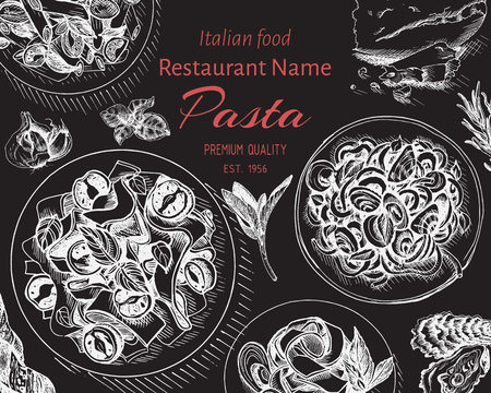 Vector illustration sketch - pasta. Card menu italian resraurant banner.のイラスト素材