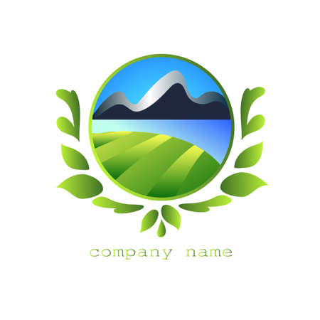 Emblem with a picture of the field, nature, sea and mountains.のイラスト素材