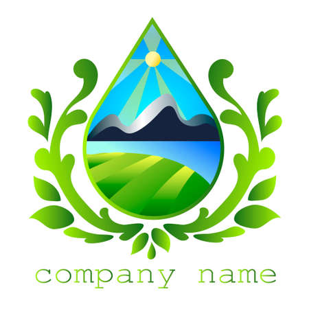 Emblem with a picture of the field, nature, sea and mountains.のイラスト素材