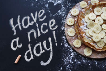 The inscription on the blackboard is chalky. Pancakes.の写真素材